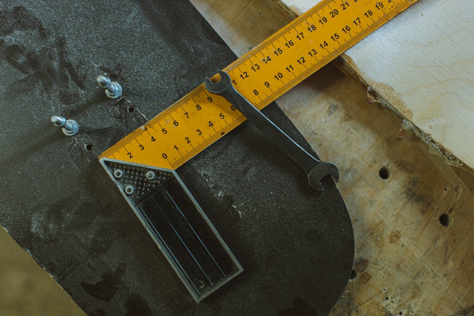 Detailed view of skateboard assembly tools including ruler and wrench on a wooden workbench.